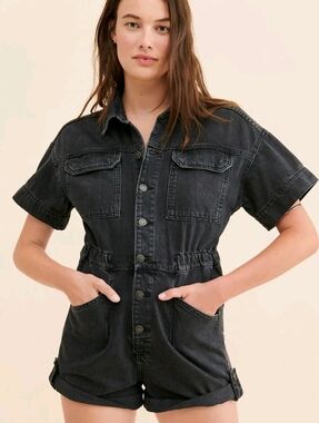 We the Free People Marci Jumpsuit XL Cuffed Shortall Denim Jean One Piece Romper